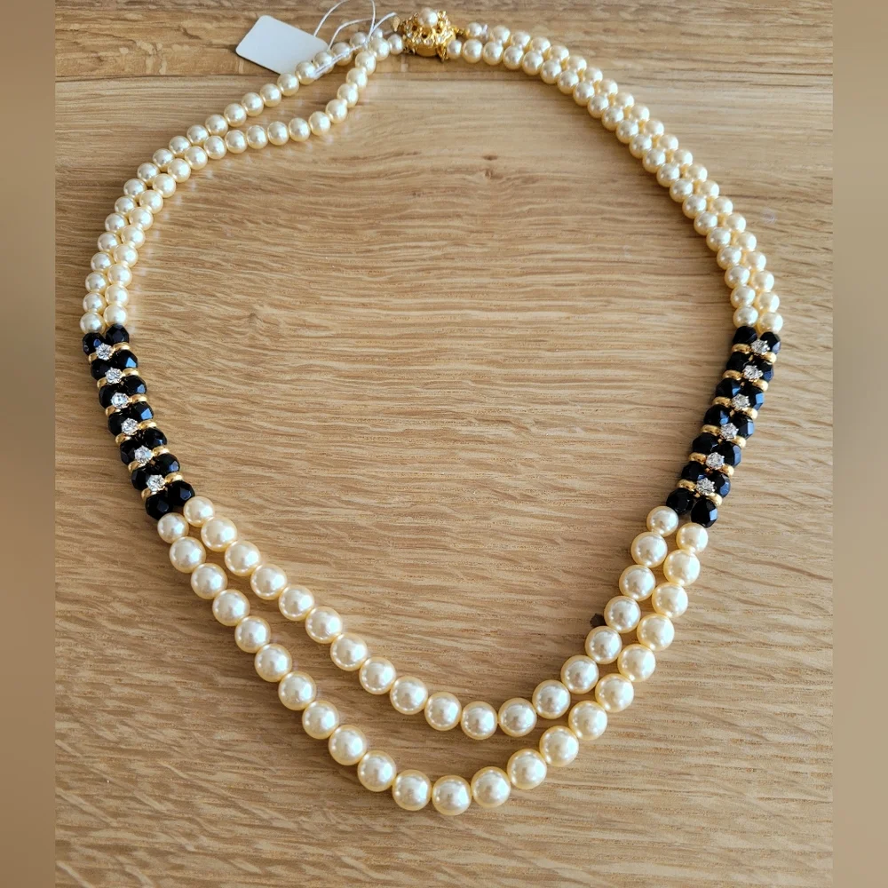 Double Strand Faux Pearl Necklace – Black & Gold – Elegant Statement Piece - Picture 1 of 6